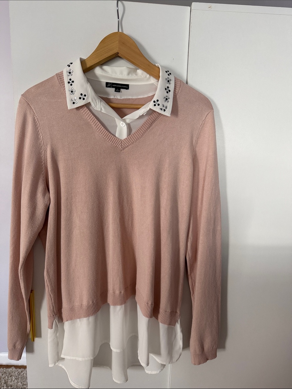 Adrianna Papell Pink V-Neck Sweater with Embellished White Collar